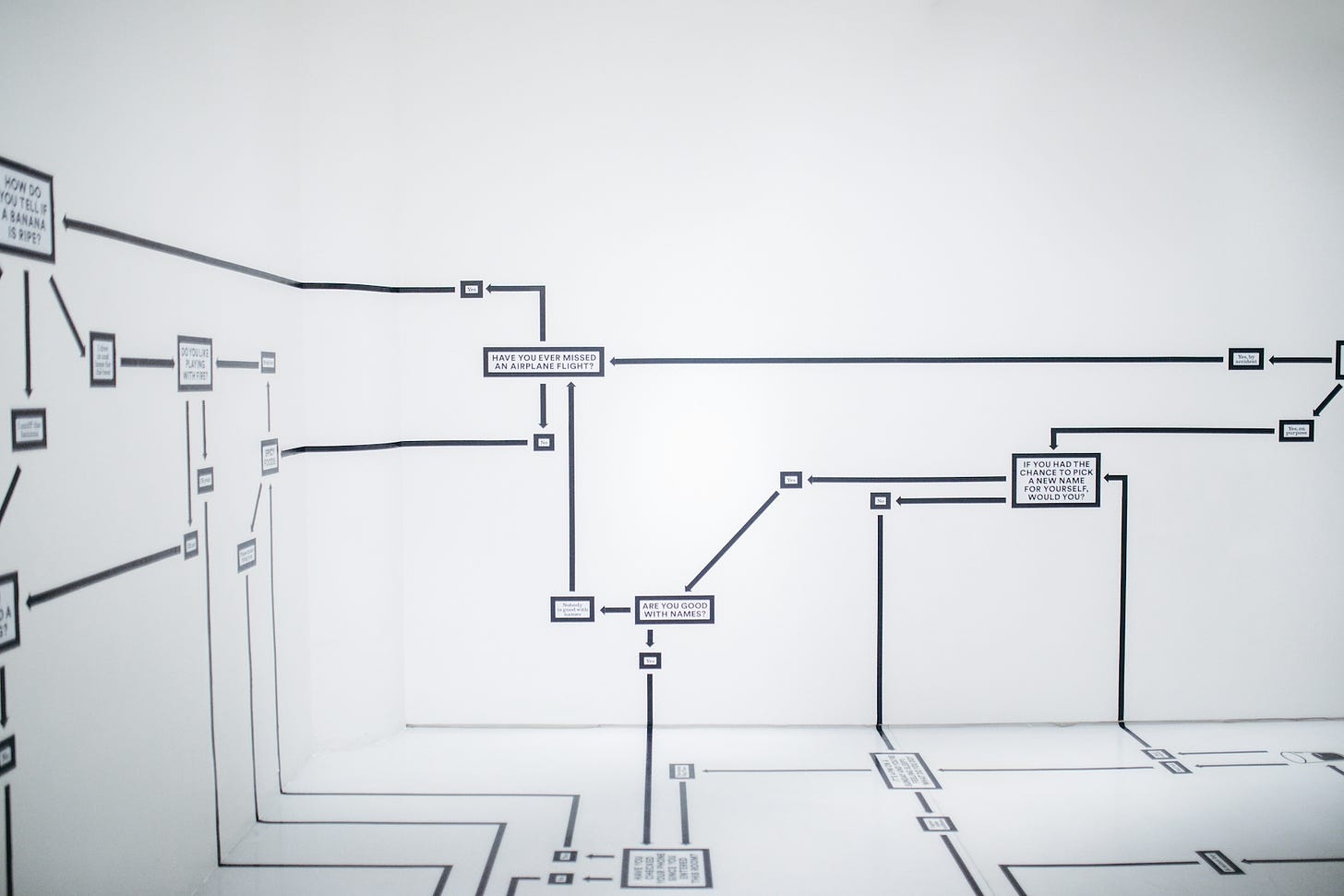 Lines and boxes drawn on white walls and floor. The drawing represents a huge flow chart.
