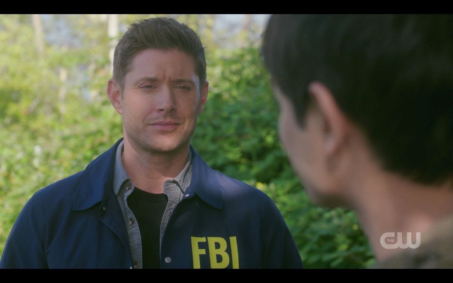 Dean Winchester in FBI jacket with Kevin Tran outside wormhole SPN 1502