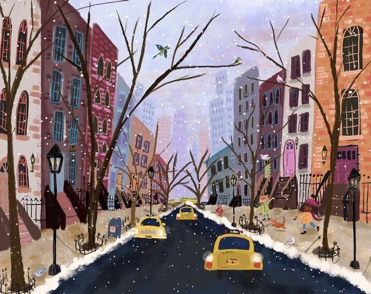 This may contain: two yellow taxi cabs driving down a snow covered street This may contain: two yellow taxi cabs driving down a snow covered street
