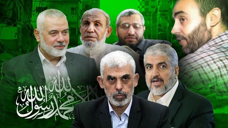 Top left to right: Khaled Meshaal, Mahmoud Zahar, Mohammed Deif, Mohammed Sinwar. Bottom left to right: Yahya Sinwar, Ismail Haniyeh