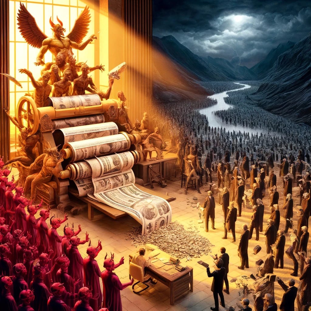 Create an image contrasting an opulent room, where a small group of evil, demonic creatures represent centralized planners printing and distributing vast amounts of money, with a barren landscape where the common people's achievements dissolve into thin air. These demonic figures are engaged in the act of printing and politically distributing currency notes from a colossal printing press, flowing out towards hands of corporations, lobbyists, and financial institutions represented by figures in lavish attire. The other half shows countless figures standing in a desolate expanse, as symbols of their life's work dissolve, swept away by the torrent of printed money. The scene is divided, highlighting the stark disparity between the actions of these creatures and their impact on the masses, with vivid lighting emphasizing the contrasting environments.
