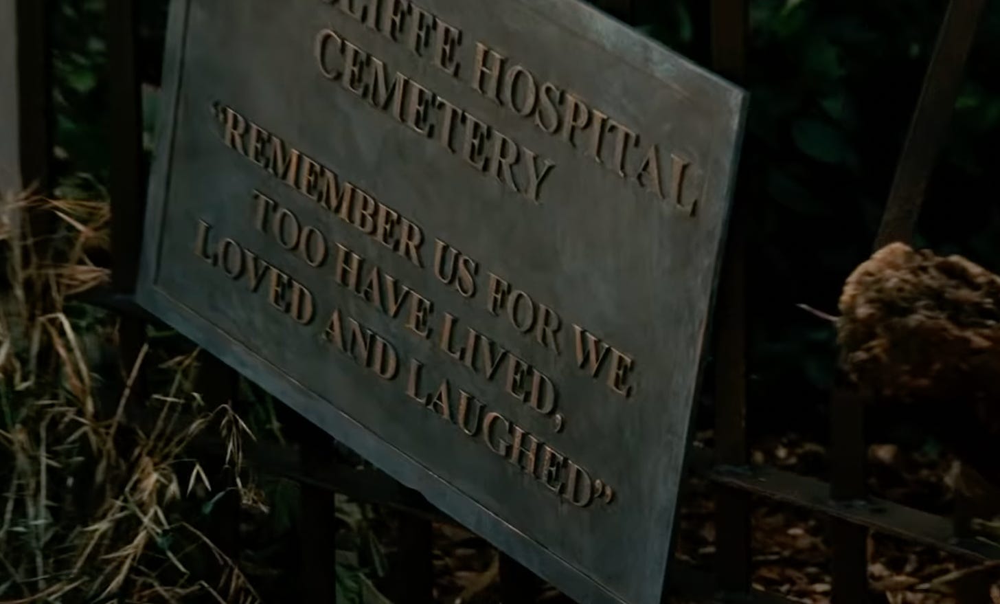 Close up of the cemetary plaque at the start of Shutter Island.