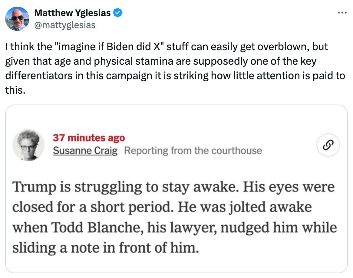  See new posts Conversation Matthew Yglesias @mattyglesias I think the "imagine if Biden did X" stuff can easily get overblown, but given that age and physical stamina are supposedly one of the key differentiators in this campaign it is striking how little attention is paid to this.