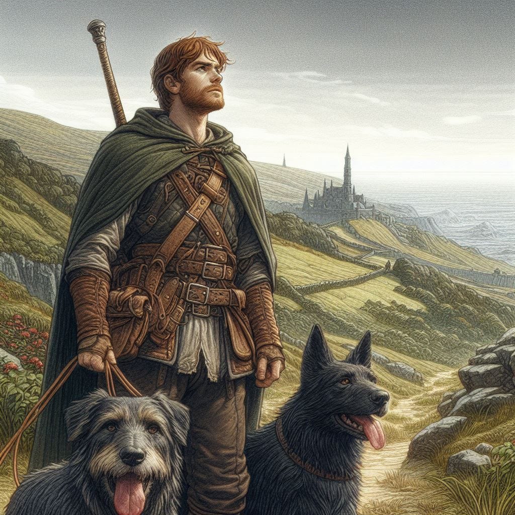 a youngish irish man in medieval attire holding a leash connected to two dogs standing at the bottom of the hill looking up, dungeons and dragons fantasy drawing