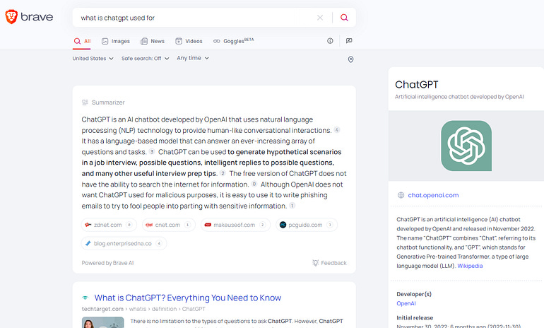 A box called Summarizer at the top of the search results. It provides a paragraph of text about the search result (What is chatgpt used for), along with citations as to where each thing came from (for example, zdnet.com, cnet.com, etc.)