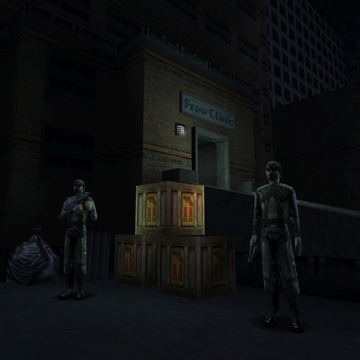 Screenshot of Deus Ex featuring armed  UNATCO troops outside a free clinic in NYC