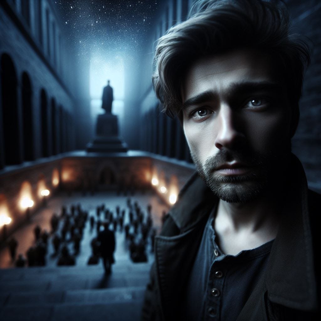 hyper realistic ;tiltshift; lens baby effect; the Crypt of the Monument to the Battle of Nations by DanielGliese. A man stands in the dark night with stars in the sky. He is in love, he is serene, his face is full of angst. He is looking at camera in foreground. Desperate with love