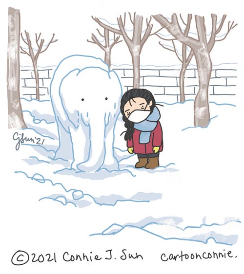 Sketchbook illustration of an elephant made of snow and a lonely character, by Connie Sun, cartoonconnie