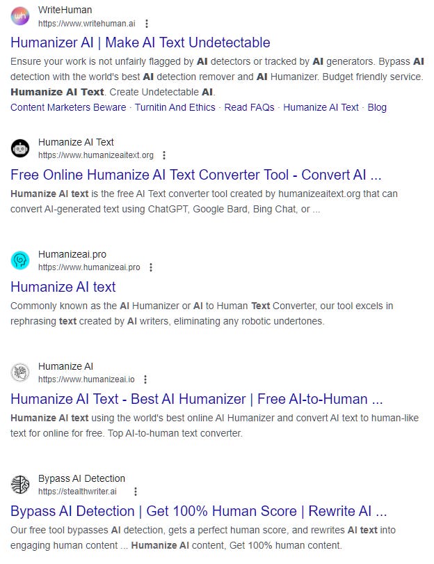 "AI humanized text" search results on Googe