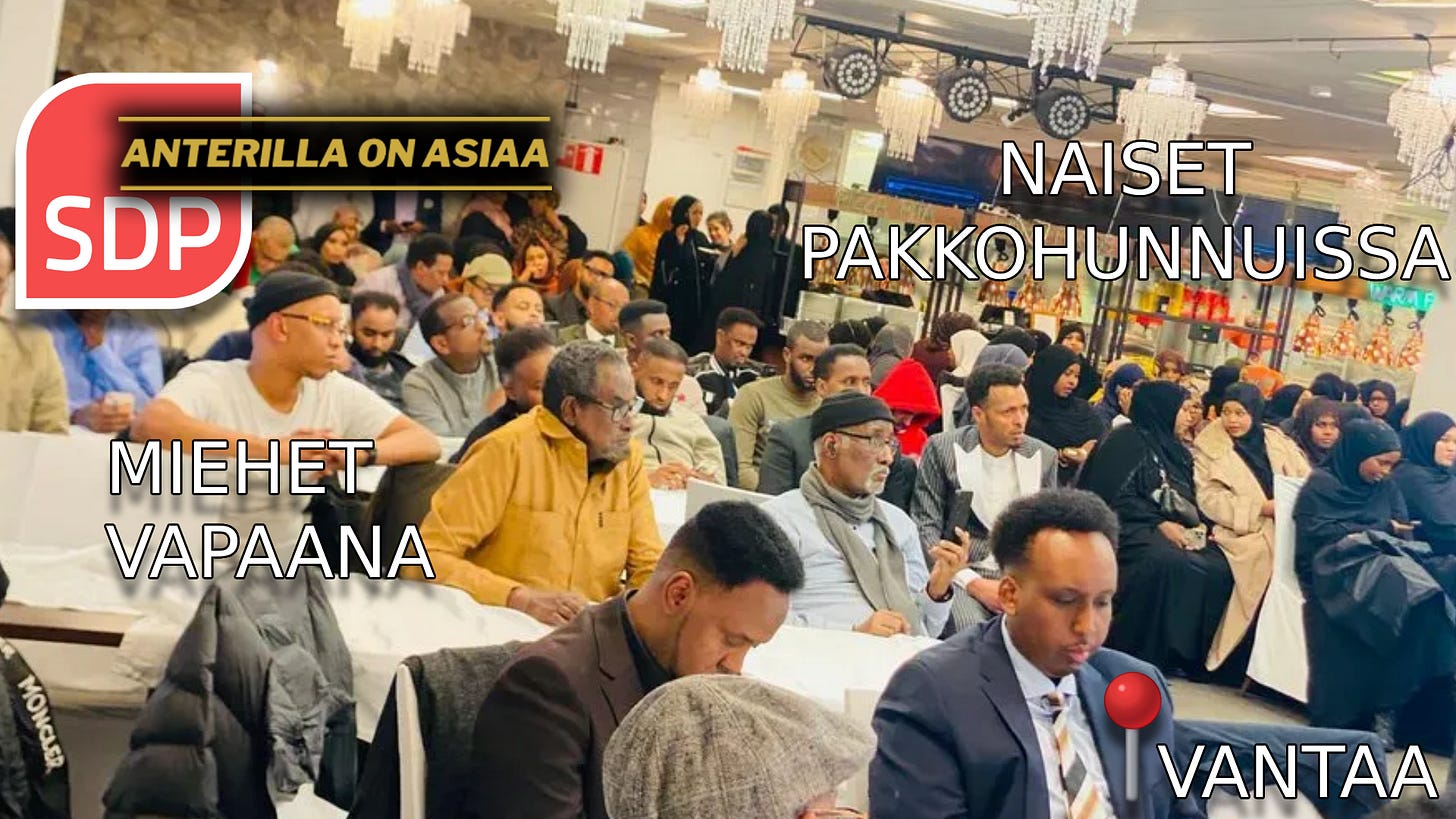 Suomessa jo 100 vuotta sitten epäkannattavaksi todettu sukupuolten erottelu ja ääriuskonnollinen ääripatriarkaatti, on arkea islamilaisissa sharia-lain rinnakkaisyhteiskunnissa vuonna 2025. Suomessa jo 100 vuotta sitten epäkannattavaksi todettu sukupuolten erottelu ja ääriuskonnollinen ääripatriarkaatti, on arkea islamilaisissa sharia-lain rinnakkaisyhteiskunnissa vuonna 2025.