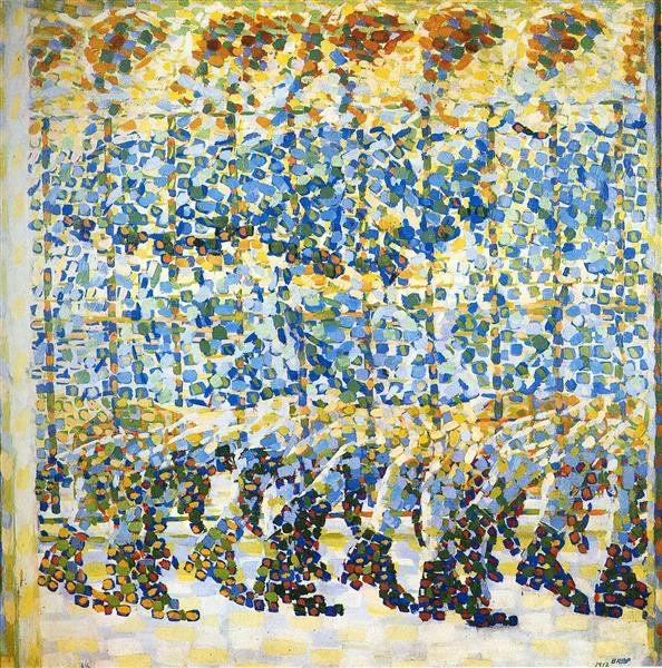 A pointillist painting of a woman running, the obscured repeated again and again across the canvas, "Girl Running on a Balcony," Giacomo Balla, 1912