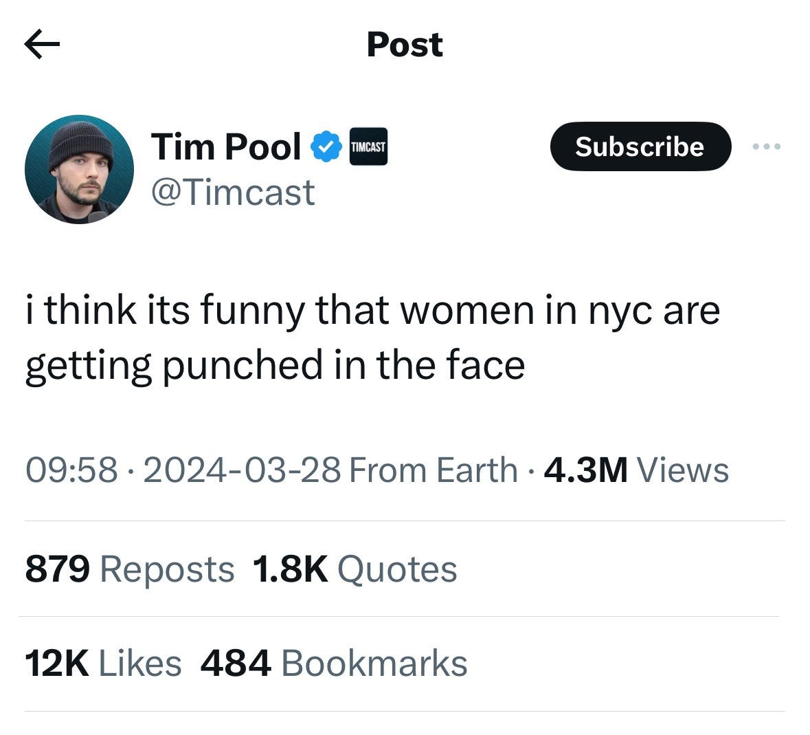 Tim Pool I think its funny that women in nyc are getting punched in the face