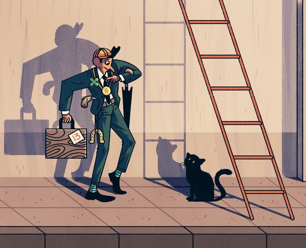 Illustration of a man walking under a ladder and seeing a black cat sitting under the ladder.