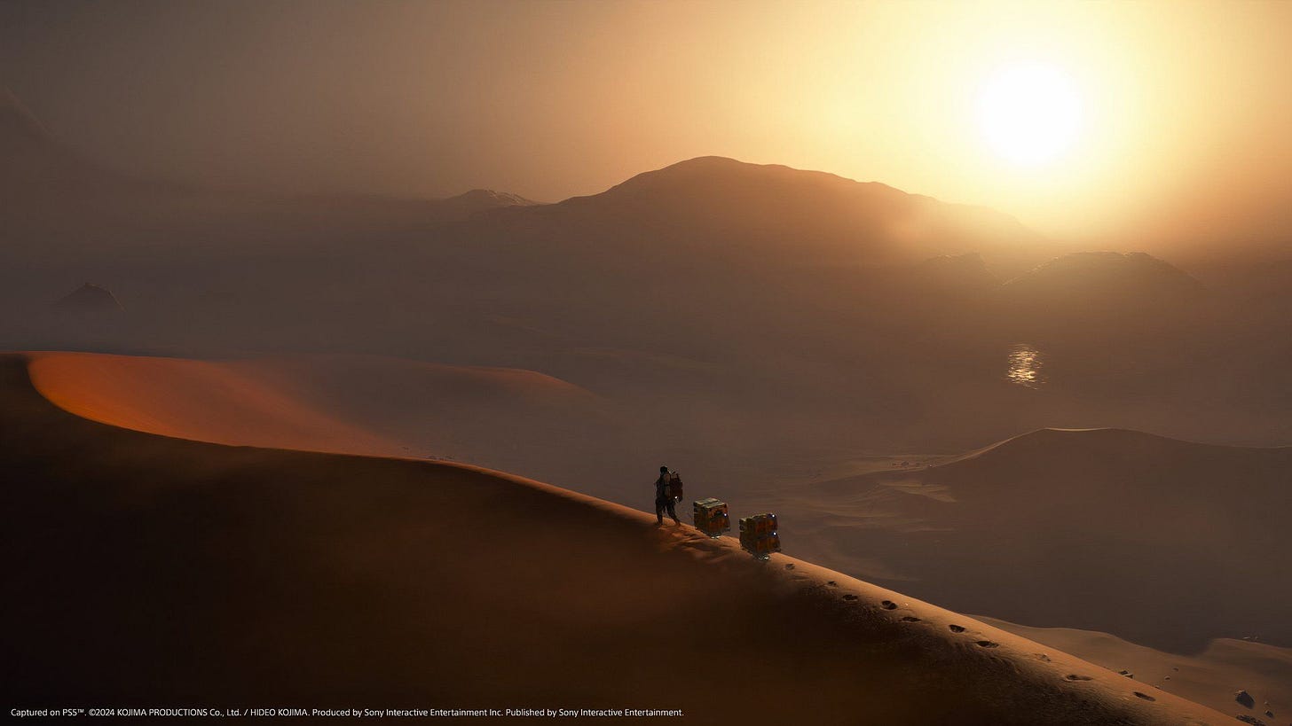 Sam Porter Bridges transporting packages across the desert in Death Stranding 2. 