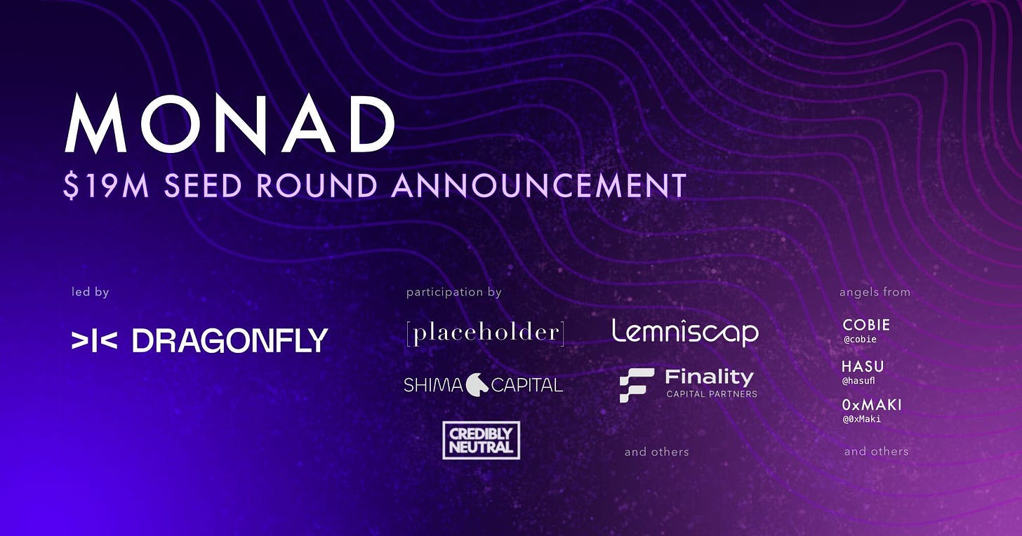 Monad (evm/acc) on X: "Today Monad is announcing our $19M seed round, led  by @dragonfly_xyz ! Additional participation by @placeholdervc  (@cburniske), @Lemniscap, + notable angel investors such as @cobie,  @hasufl, @0xMaki and