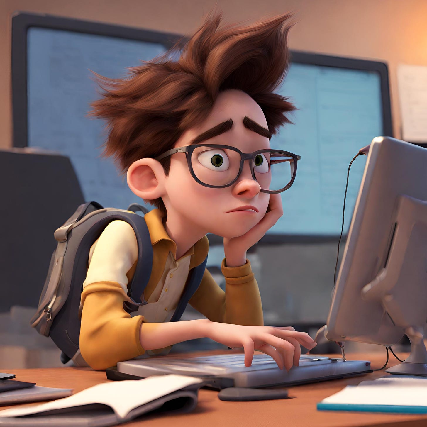 pixar style image of a young androgynous student having trouble reading on a computer