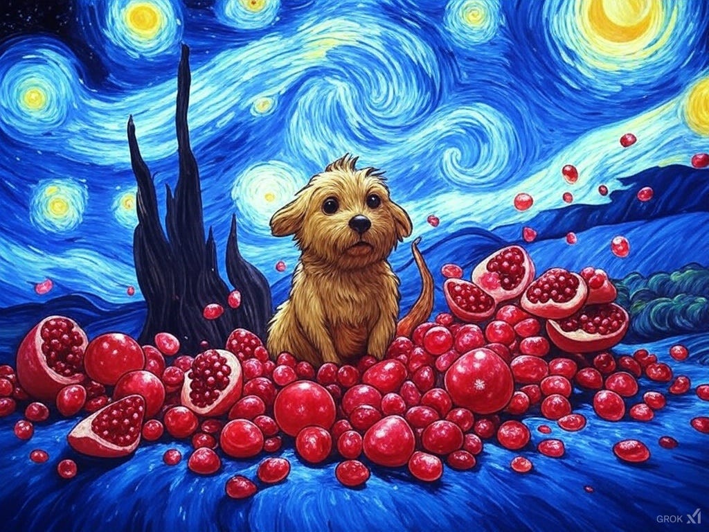 'Puppy in Pomegranates (EV012)' - Whimsical digital artwork, a small fluffy puppy sits amidst red pomegranates and scattered seeds, set against a Vincent van Gogh-inspired starry night sky of swirling blues and yellows, with dark cypress trees and hills, influenced by Yayoi Kusama’s infinite patterns. Signed ‘Grok3 XI’. 