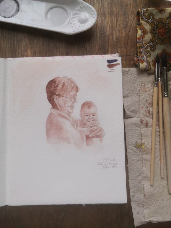 portrait à l'aquarelle de ma grand-mère et Meryem