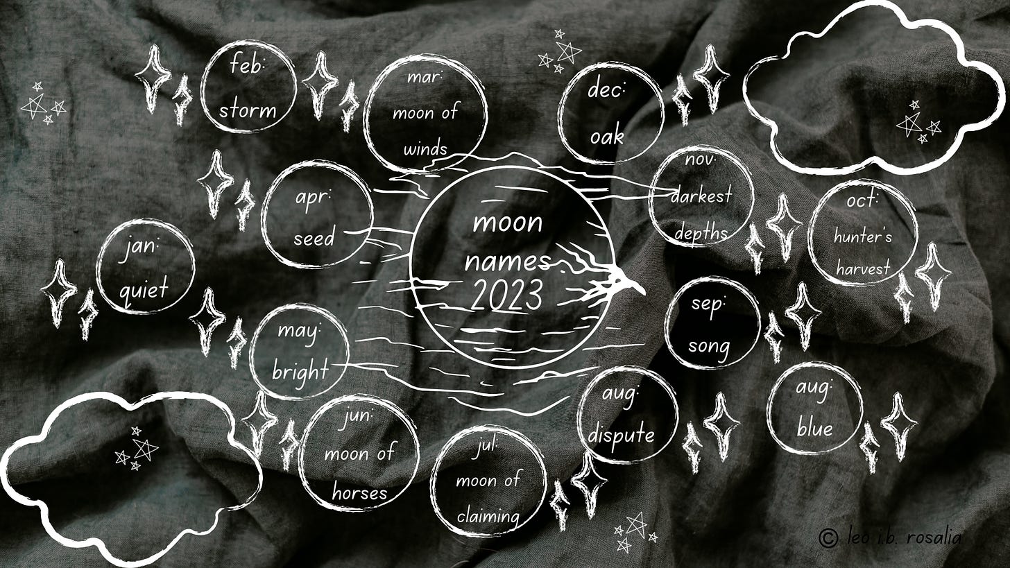 a graphic titled moon names 2023. the background is of rumpled grey linen. the text of the graphic, including the title, are all in white, each one it its own circle (like a moon!) the circles all read: jan: quiet; feb: storm; mar: moon of winds; apr: seed ; may: bright; jun: moon of horses; jul: moon of claiming; aug: dispute; aug: blue; sep: song; oct: hunter's harvest; nov: darkest depths; dec: oak. there are chalk-drawn clouds, sparkles, and stars infused across the graphic.