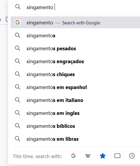 busca no Google. Lê-se "xingamento", e a lista de sugestões do Google é> Xingamentos, xingamentos pesados, xingamentos engraçados, xingamentos chiques, xingamentos em espanhol, xingamentos em italiano, xingamentos em inglês, xingamentos bíblicos, xingamentos em libras