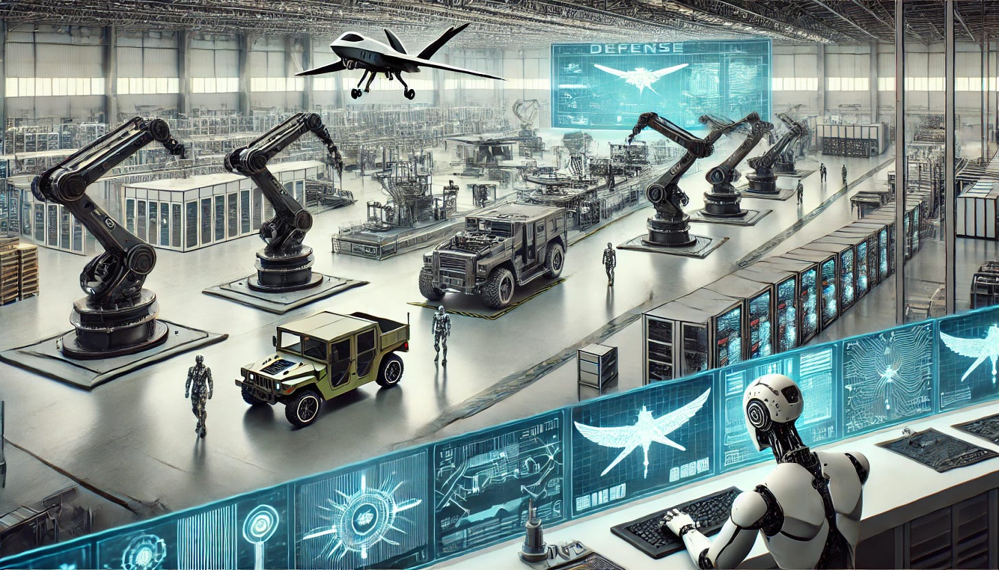A futuristic manufacturing facility for defense, showcasing advanced robotic arms and automated machinery assembling high-tech military equipment like drones and armored vehicles. The factory is sleek, with minimalistic design and efficient layout, emphasizing streamlined operations. In another part of the image, there is a control room with a few operators using holographic displays and advanced software to manage the production line, symbolizing the reduction of bureaucracy. The overall scene should reflect a clean, high-tech environment with an emphasis on efficiency and cutting-edge technology.