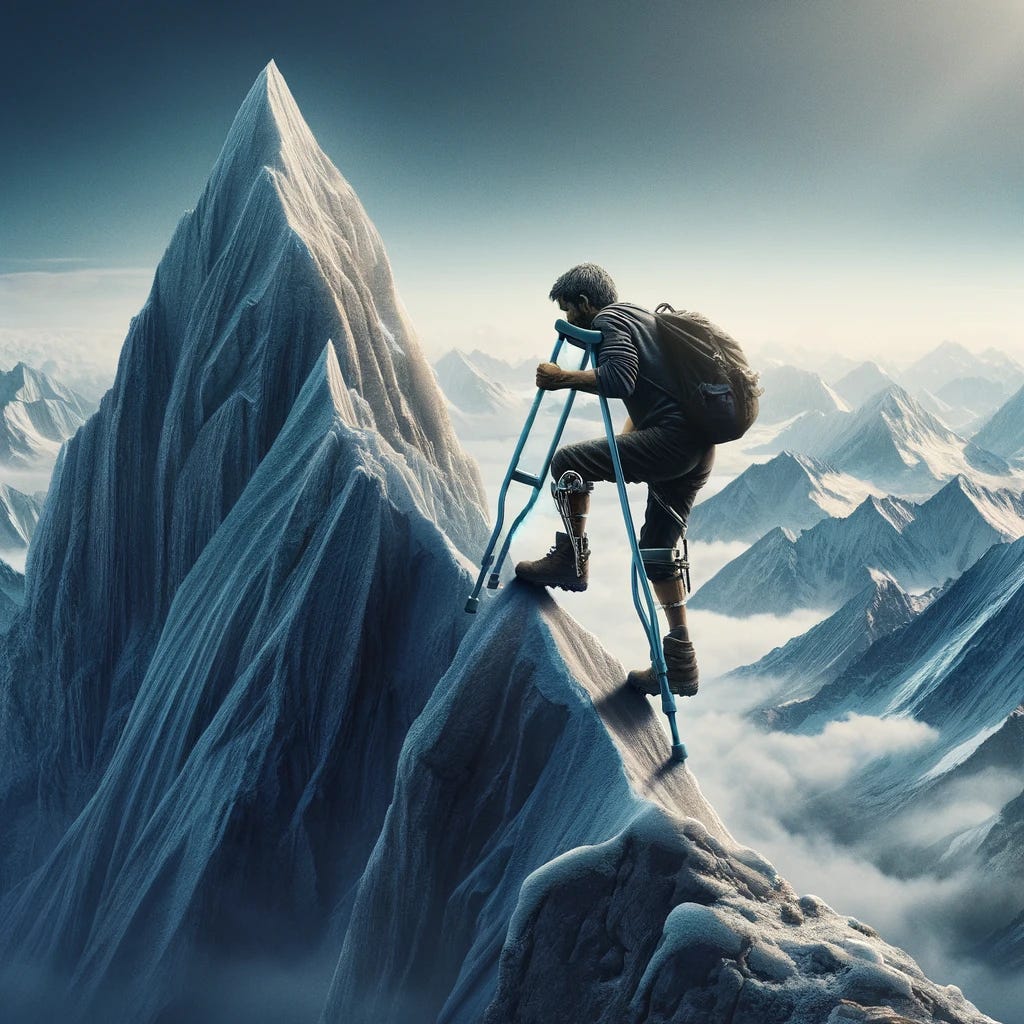 A photo-realistic image of a mountain-climber scaling a tall mountain while using a (literal) crutch. The climber is depicted in the act of climbing a rugged mountain terrain, symbolizing the challenges and ambitions in life. The use of a crutch, a literal representation of support or a flaw, adds depth to the image, illustrating the concept of overcoming obstacles and pursuing goals despite limitations or imperfections. The focus should be on the climber's determined effort, with the majestic mountain in the background, emphasizing the grandeur of the challenge and the climber's resilience.