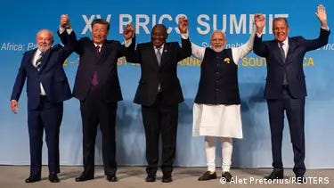 Brazil's President Luiz Inacio Lula da Silva, China's President Xi Jinping, South African President Cyril Ramaphosa, Indian Prime Minister Narendra Modi and Russia's Foreign Minister Sergei Lavrov pose for a picture at the BRICS Summit in Johannesburg, South Africa 