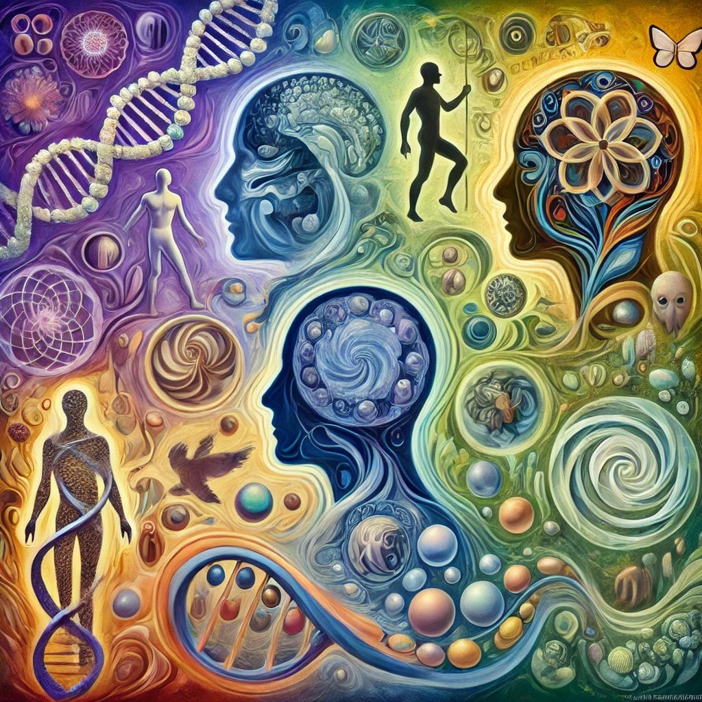 Create an abstract symbolic image representing four views of Self: 'The Evolved Brain-Body' (Charles Darwin), 'The Generalized Other' (George H. Mead), 'The Buddhist No-Self' (Gautam Buddha), and 'The Vascular Identity' (Derek Parfit). Depict these concepts with abstract representations: Darwin’s view as a human silhouette rooted in evolutionary symbols like a DNA strand and animal figures, symbolizing biological inheritance; Mead’s as a web of faces and masks reflecting social roles, symbolizing identity formed through social interaction; Buddha’s as a dissolving human figure merging with nature and space, symbolizing interdependence and transcendence of ego; Parfit’s as a flowing series of interconnected, overlapping circles, symbolizing self as continuous experience without fixed identity. Use soft, blending colors for a contemplative feel, with elements flowing into one another, embodying each philosophy’s essence.