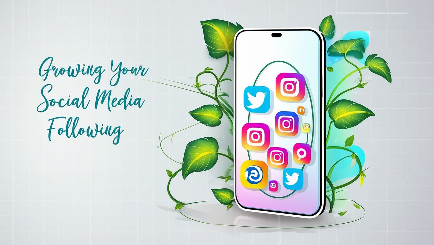 A vibrant and dynamic digital illustration depicting the idea of growing a social media following, set against a clean white background with subtle grid lines, evoking a sense of modernity and technology. At the center, a stylized, rounded rectangle with a subtle gradient effect, resembling a smartphone screen, displays a assortment of colorful social media icons, including Twitter, Facebook, Instagram, and more, arranged in a circular pattern, conveying a sense of growth and expansion. A few icons are slightly overlapping, giving a sense of movement and energy. Surrounding the central rectangle, lush green leaves and vines sprout, symbolizing growth and development, with a few subtle highlights of bright blue and yellow, hinting at excitement and optimism. In the top-left corner, a subtle, cursive font displays the phrase "Growing Your Social Media Following" in a soft, pastel blue color, blending harmoniously with the overall aesthetic. The overall style is playful, yet sophisticated, perfect for a blog post or social media graphic.