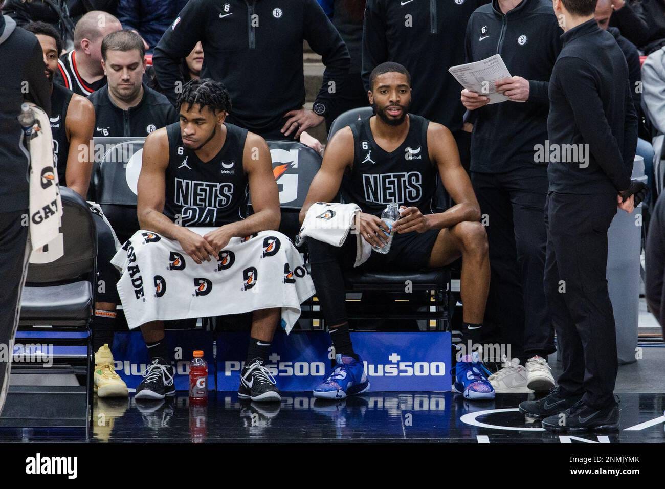 Chicago, USA. 24th Feb, 2023. Mikal Bridges (1 Brooklyn Nets) and Cam Thomas  (24 Brooklyn Nets) sit on the bench during the game between the Chicago  Bulls and Brooklyn Nets on Friday