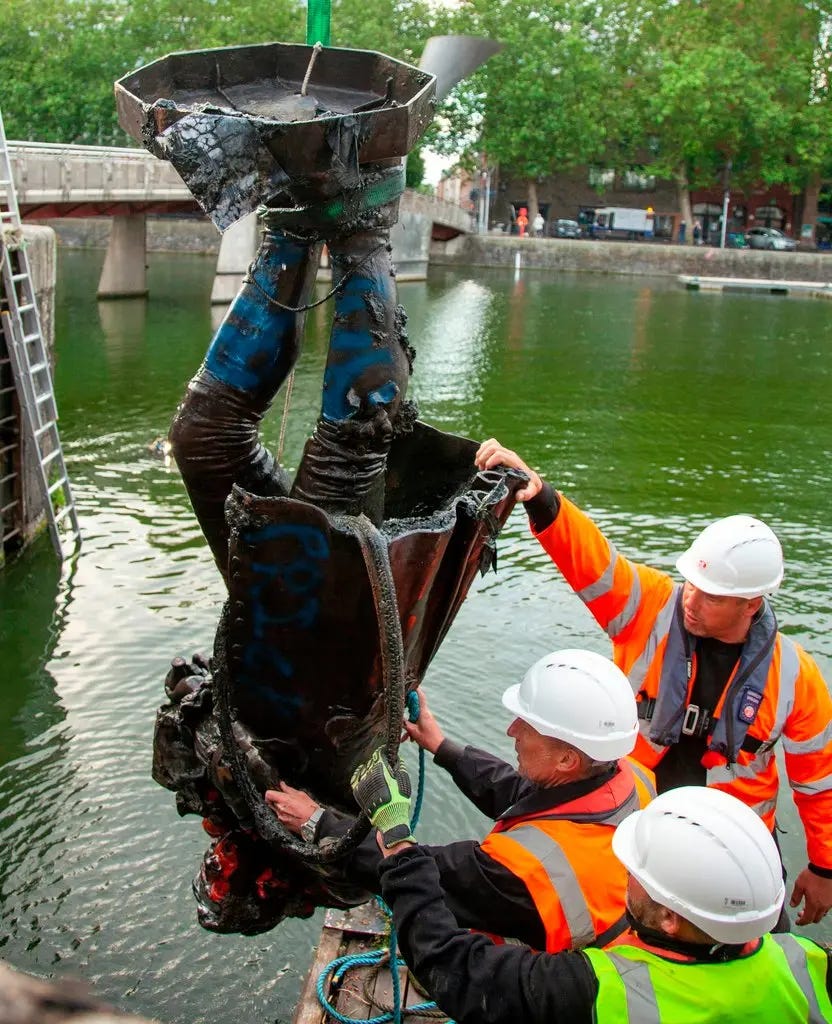 A picture from the Bristol City Council shows the statue of Edward Colston being retrieved from the harbor there on June 11.