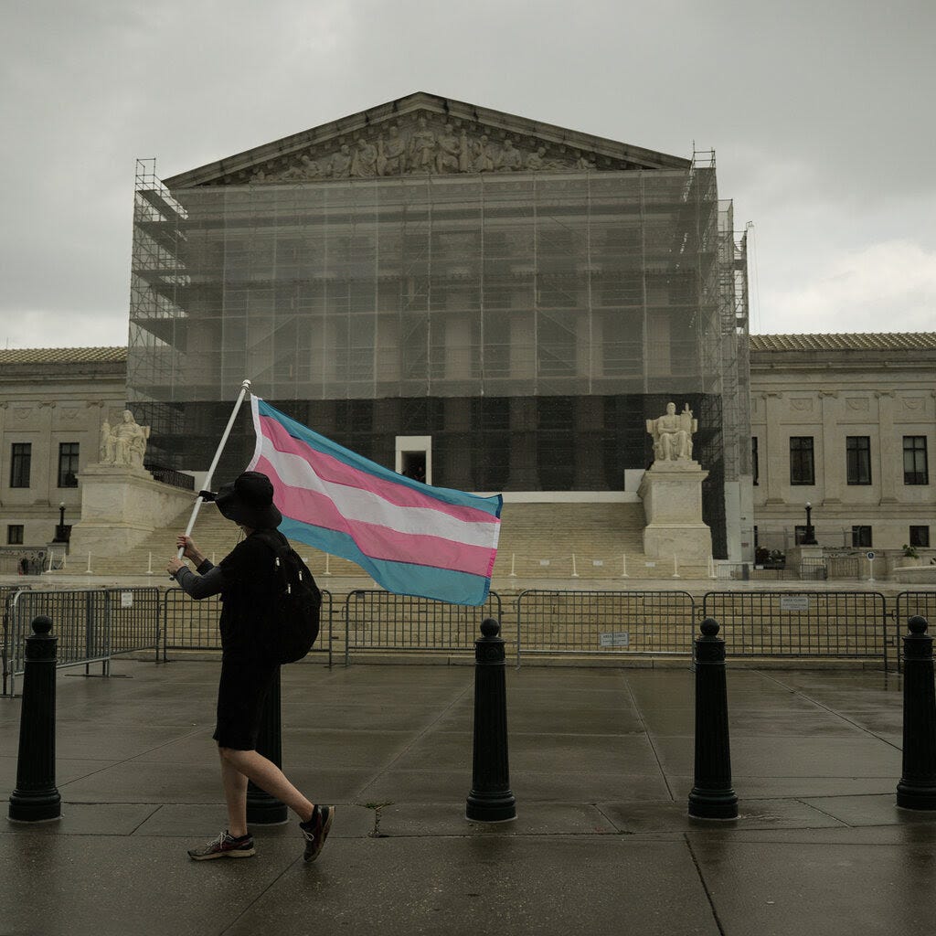 A person holding a trans flag, which has blue, pink and white stripes, outside the Supreme Court building, whose facade is covered in scaffolding. 