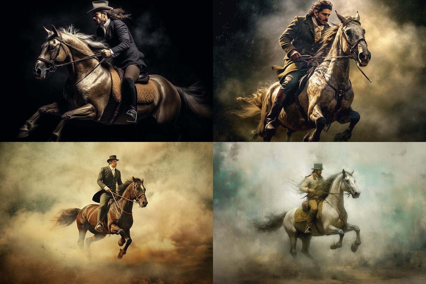 Midjourney V5.1 results for "man riding a horse" - 4-image grid