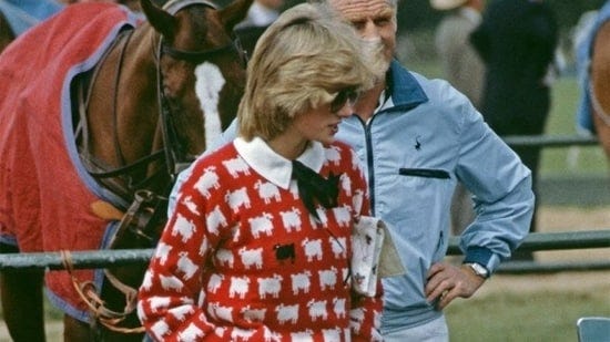 The sweater was first worn by the late Diana when she attended a polo match in 1981, while engaged to the now King Charles III.
