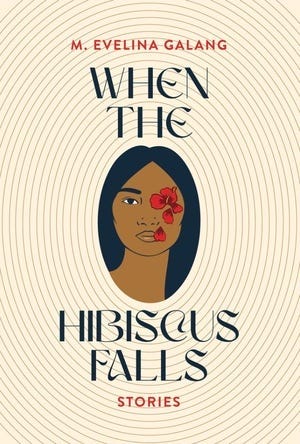 “When the Hisbicus Falls” book cover with concentric ovals and a figure with black hair and brown skin with a hibiscus flower over one eye