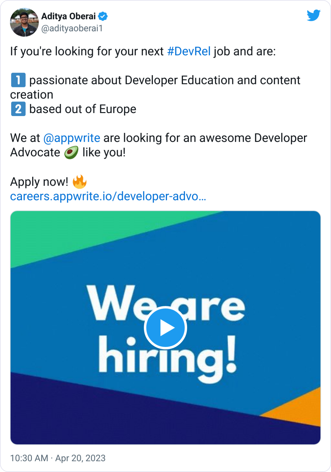 Aditya Oberai @adityaoberai1 If you're looking for your next #DevRel job and are:  1️⃣ passionate about Developer Education and content creation 2️⃣ based out of Europe  We at  @appwrite  are looking for an awesome Developer Advocate 🥑 like you!  Apply now! 🔥 https://careers.appwrite.io/developer-advocate-youtube-developer-education-focused-europe