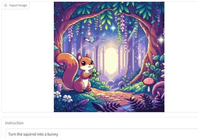 Squirrel in a magical forest, pixelart, asking to change to bunny