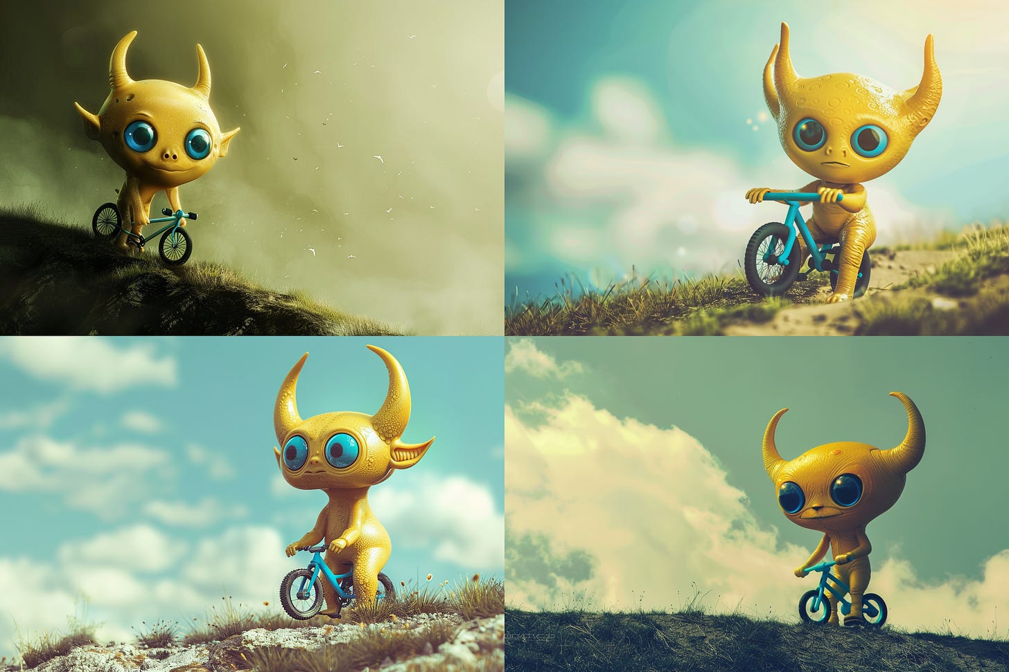 Cute yellow alien with blue horns riding a bike