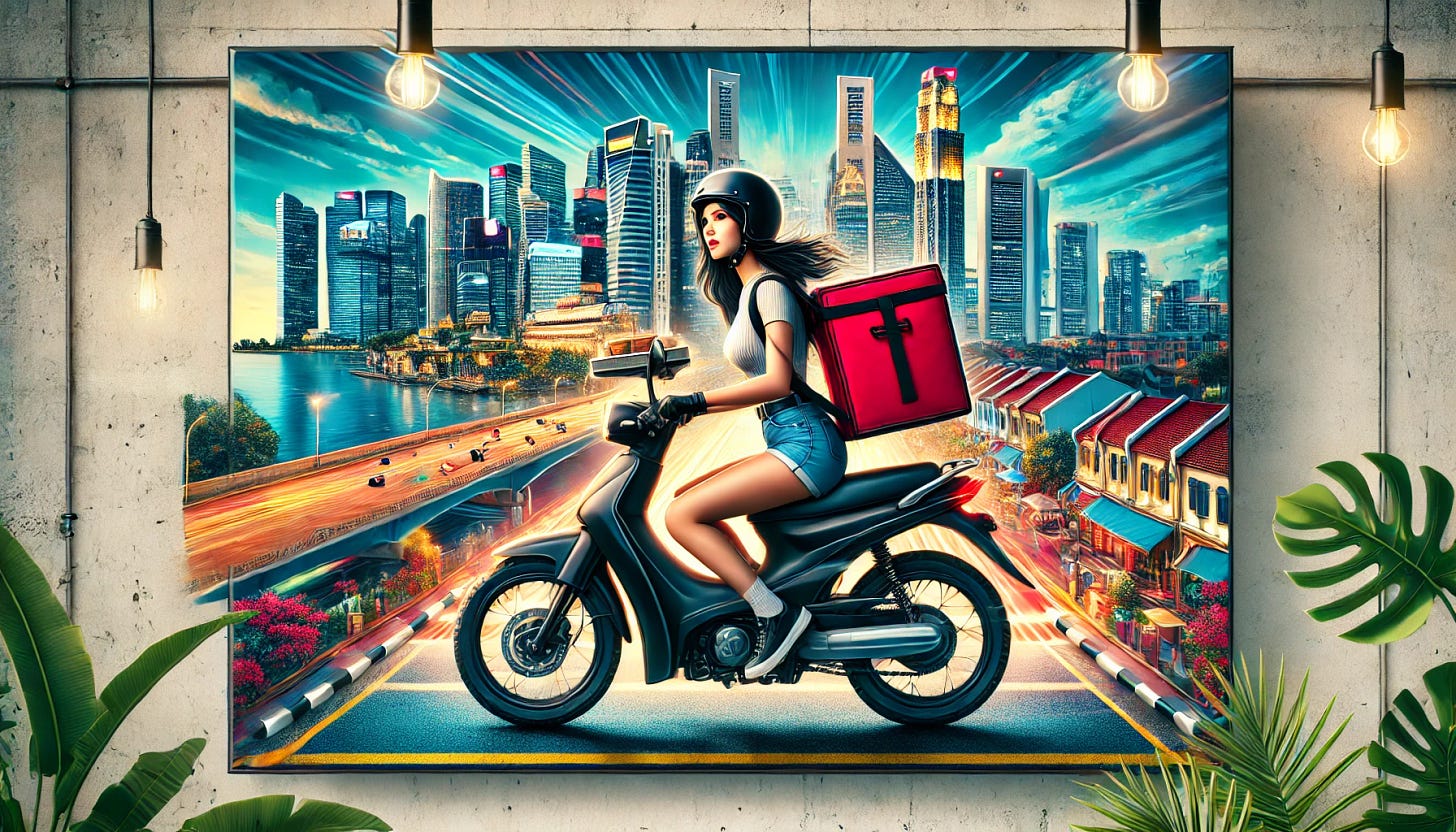 A visually striking rectangular illustration of a pretty Asian woman delivering food on a moped in a bustling Singaporean cityscape. The woman is wearing a modern, stylish outfit and a helmet, with a food delivery bag strapped to the moped. The background features iconic Singapore landmarks, vibrant city lights, and tropical greenery, emphasizing the unique urban environment. The scene is dynamic, with motion captured in the moped and the lively city around her. The image is realistic with a touch of vibrancy, highlighting the energy and culture of Singapore.