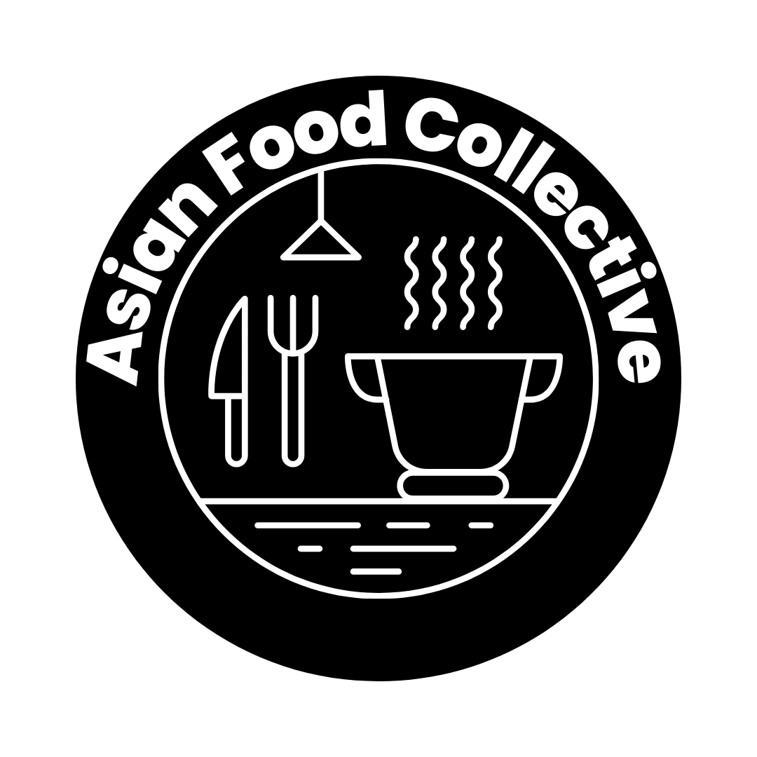 Logo for the Asian Food Collective is a black circle. "Asian Food Collective is written in white in the outer ring. In the center is a white ring with a graphic outline of a kitchen. The kitchen consists of a steaming pot, light, and utensils.