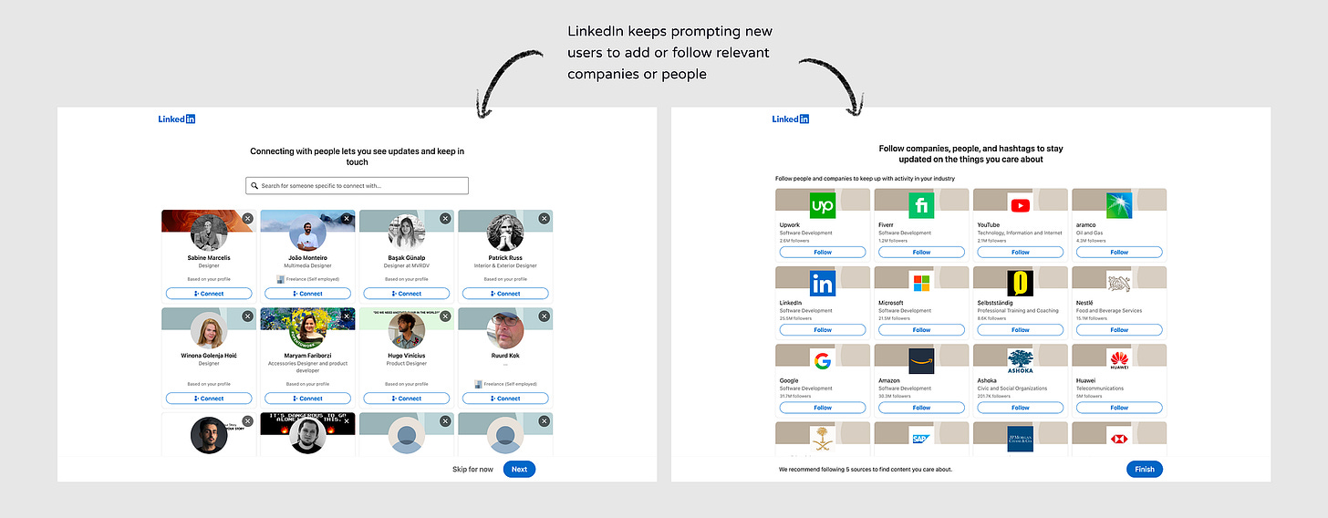 LinkedIn prompts new users to add/follow companies and people