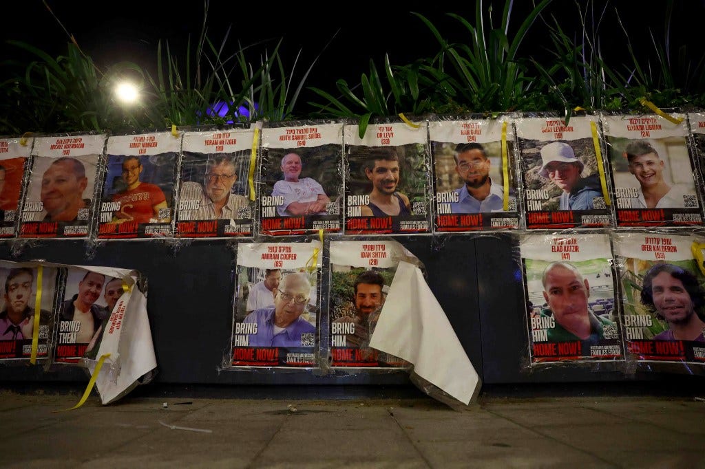 Hostage Square, in Tel Aviv, holds dozens of posters of the Hamas hostages.