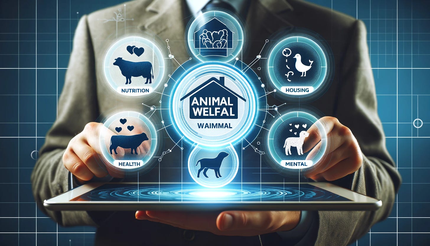 A diagram of the five domains of animal welfare displayed on a digital platform. The image should illustrate nutrition, housing, health, natural behavior, and mental state, with icons or graphics representing each domain.