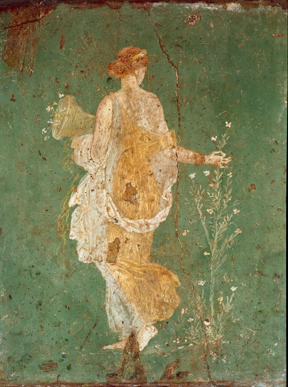 Arte Romano: Primavera, Flora recogiendo flores. Fresco de la villa de  Varano en Stabiae, cerca de