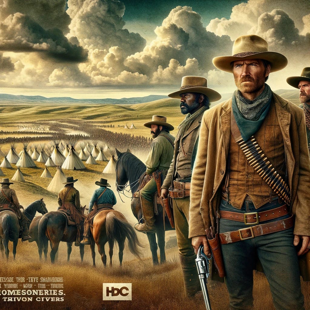 Design a TV show poster that highlights the Texan Rangers in the context of 'Comancheria'. The poster should feature a group of rugged Texan Rangers in the foreground, dressed in period-appropriate attire from the era of the Indian Wars. These men should exude a sense of toughness and determination, with wide-brimmed hats, bandoliers, and the iconic Colt revolvers. The rangers are depicted on horseback, surveying a vast and untamed Texan landscape that stretches out behind them, indicative of the challenges they face. The backdrop should include a dynamic sky, signaling the onset of a storm, symbolizing the brewing conflict. The landscape is dotted with the occasional tepee in the distance, hinting at the presence of the Comanche, but the focus is on the rangers' readiness and their strategic position in the terrain. This image should convey the grit and intensity of the Texan Rangers' role in the historical narrative of 'Comancheria'.