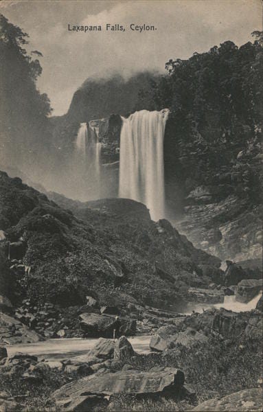 A sepia postcard showing a white waterfall in a rocky ravine, captioned Laxapana Falls, Ceylon