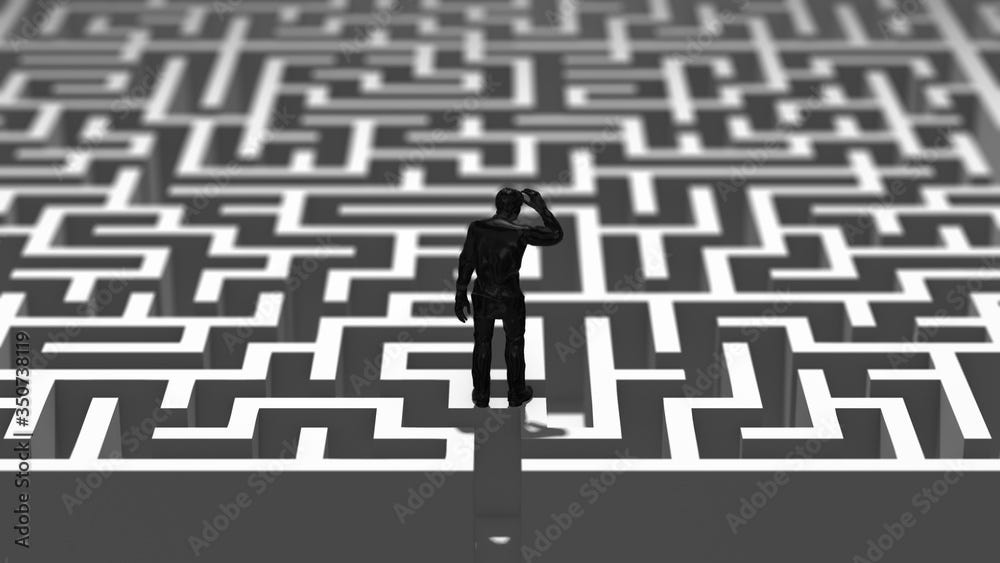 Difficult challenge of man person lost stuck in maze labyrinth - 3D illustration render
