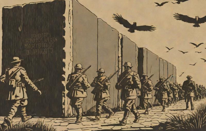 A line of soldiers in WWI uniforms marching toward a giant stone tombstone, while books like birds flutter through the air 