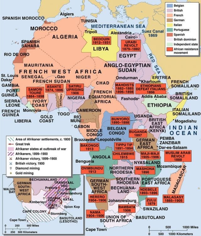 Map listing uprisings against colonization across Africa