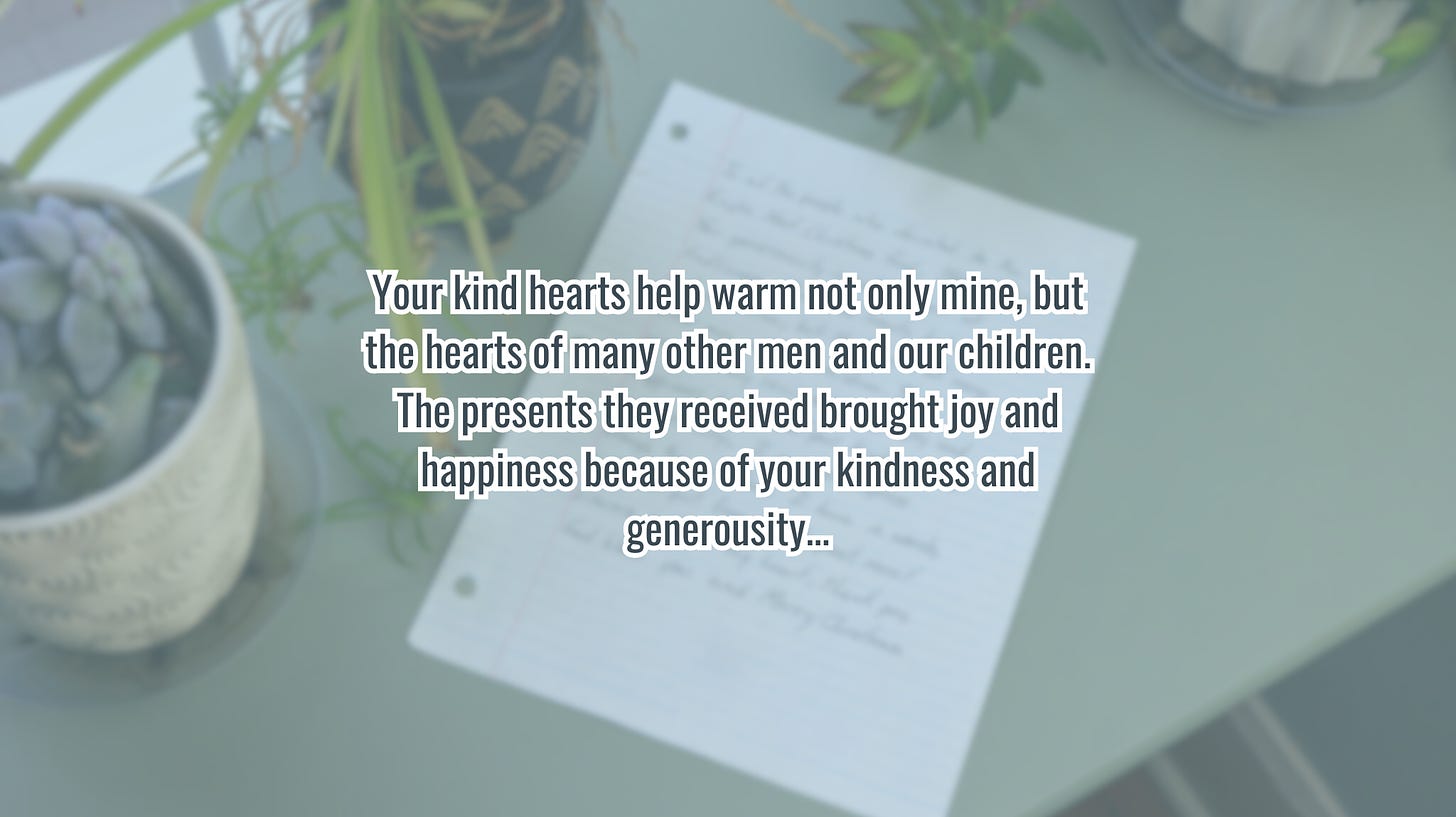 Graphic that reads: “Your kind hearts warm not only mine, but the hearts of many men and our children. The presents they received brought joy and happiness because of your kindness and generosity…”